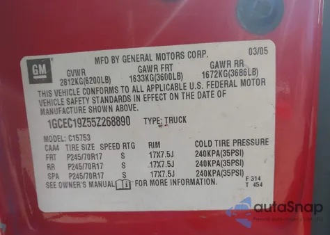 2005 Chevrolet Silverado 1500 Ls z USA, uszkodzony, nr VIN 1GCEC19Z55Z268890